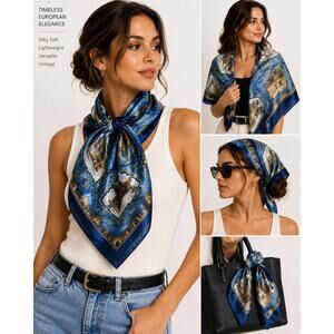 Vintage Blue European Landmark Scarf Baroque Satin Souvenir Scarf Italy Paris
